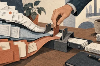 Una mano regola il passaggio di documenti tra processi aziendali, illustrazione sul controllo degli agenti AI.
