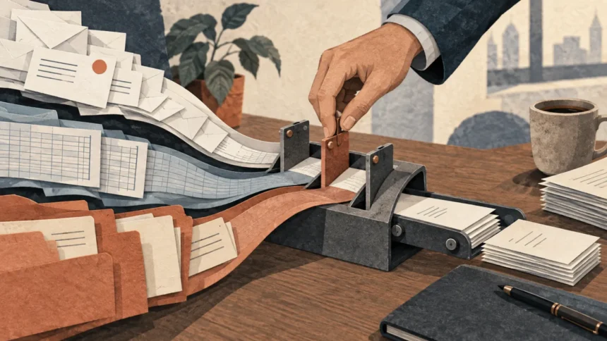 Una mano regola il passaggio di documenti tra processi aziendali, illustrazione sul controllo degli agenti AI.