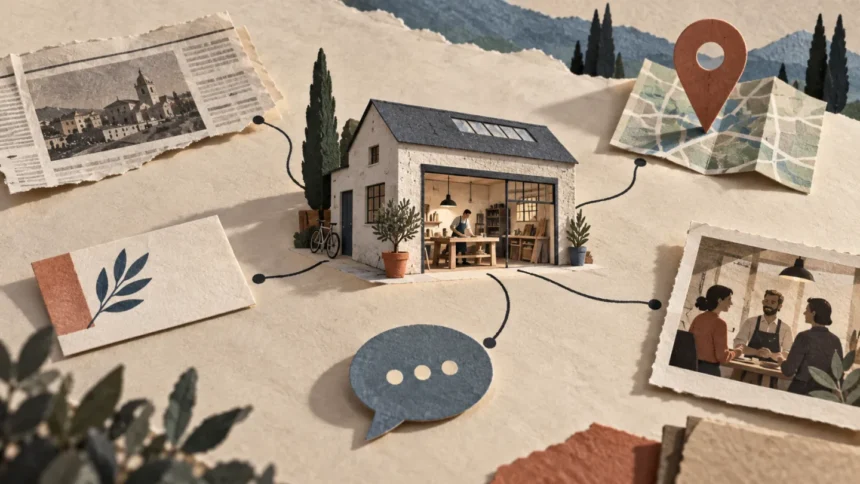 Un’azienda collegata a mappe, recensioni, social e pubblicazioni, illustrazione dell’impronta semantica.